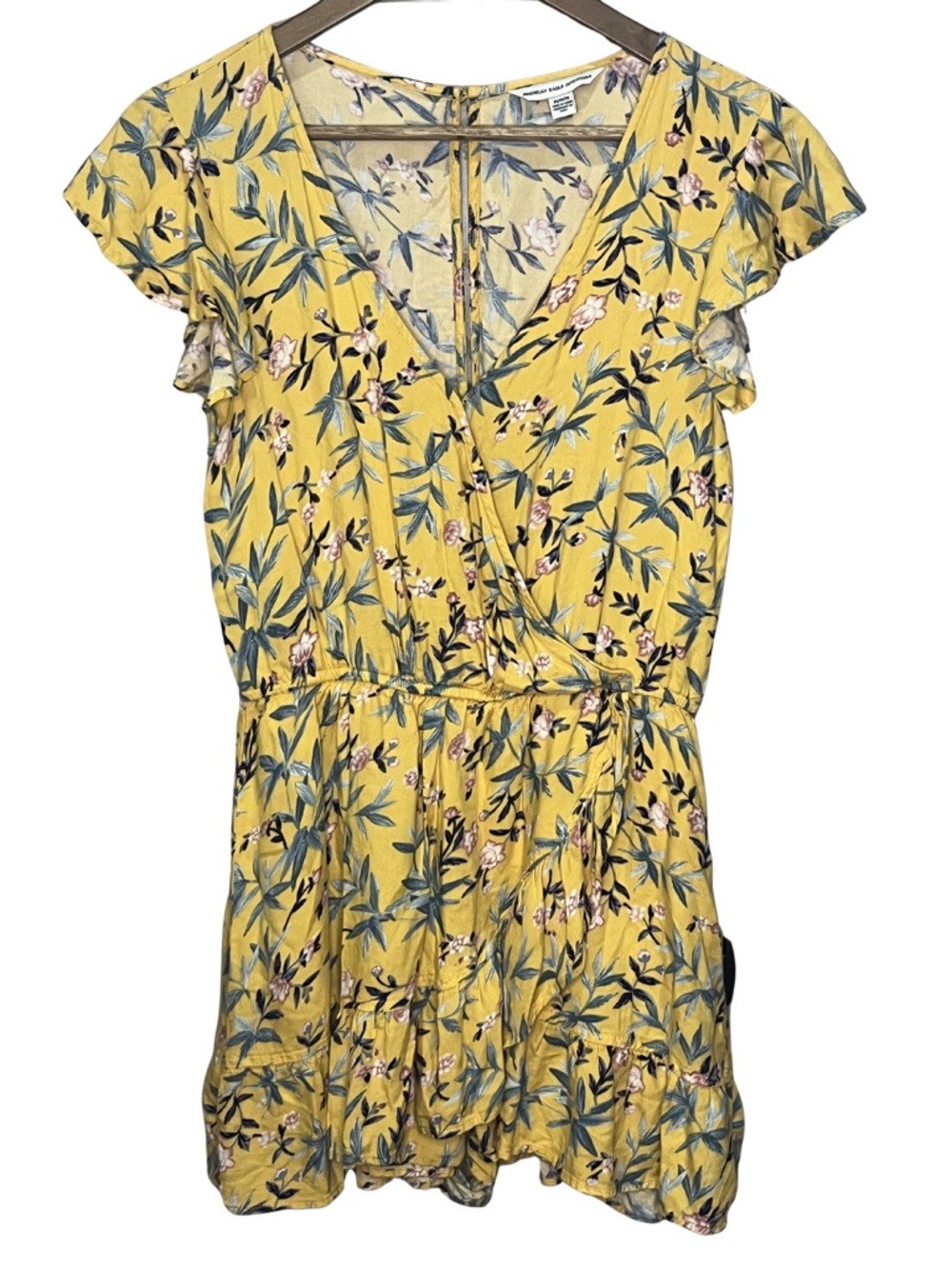 American Eagle Romper Yellow Floral with Ruffle Detail and Snap Front Medium